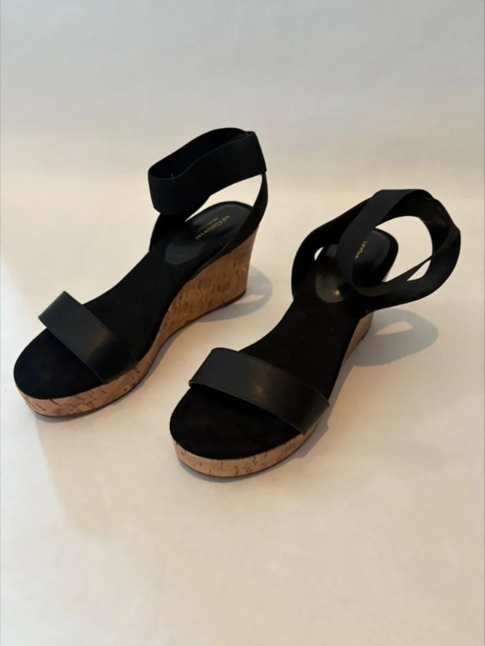Liz Claiborne Black Heeled Cork Wedges Heels Sandals Size 9